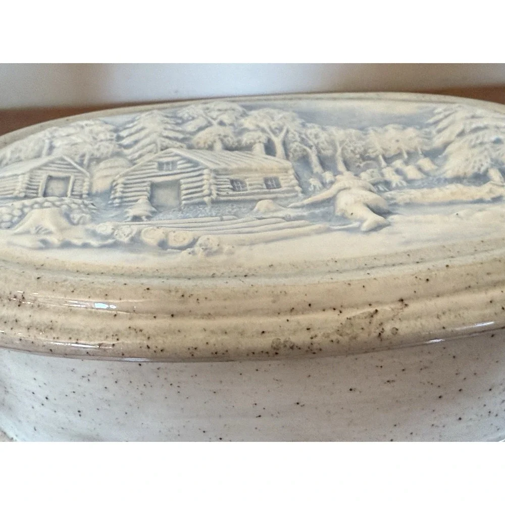 VTG Hershey Mold Trinket Box Jewelry Oval‎ Pioneers Log Cabin Ceramic 3D Signed